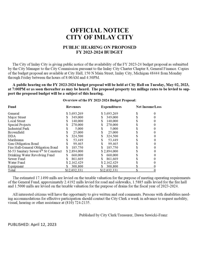 Public Hearing on Proposed FY 20232024 Budget Imlay City