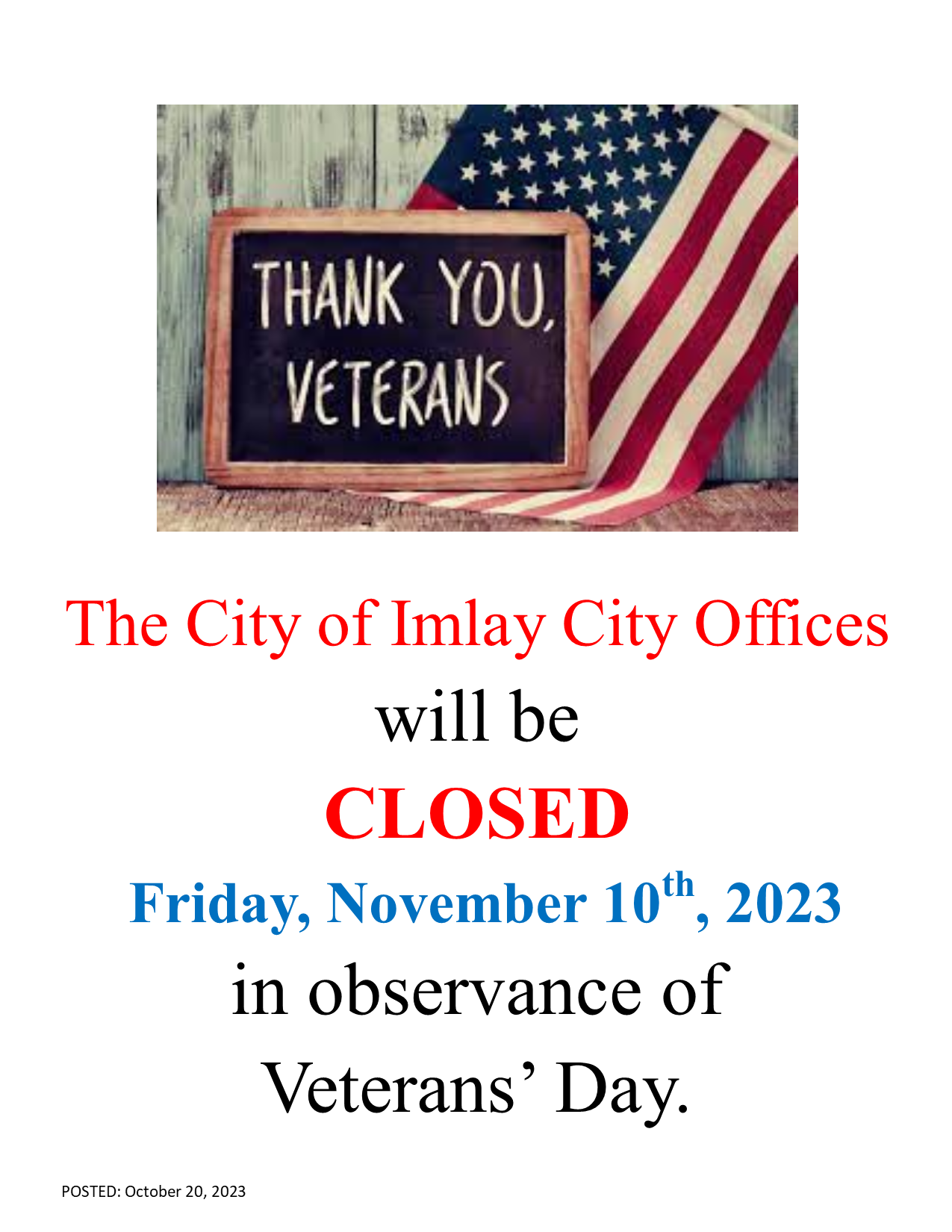 CLOSED on November 10th In Observance Of Veterans Day Imlay City