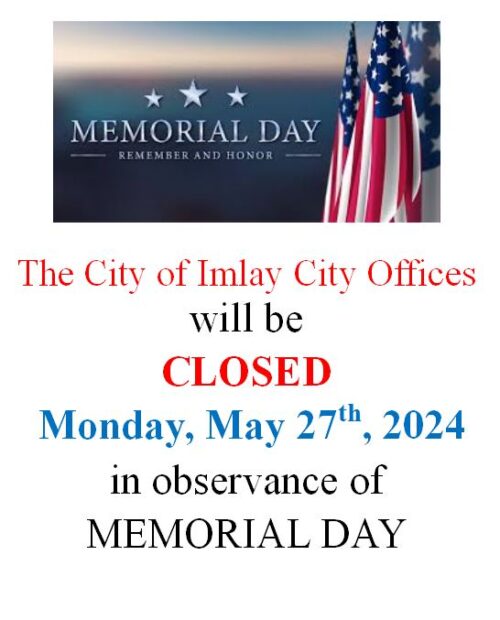 Memorial Day closure notice for Imlay City Offices.