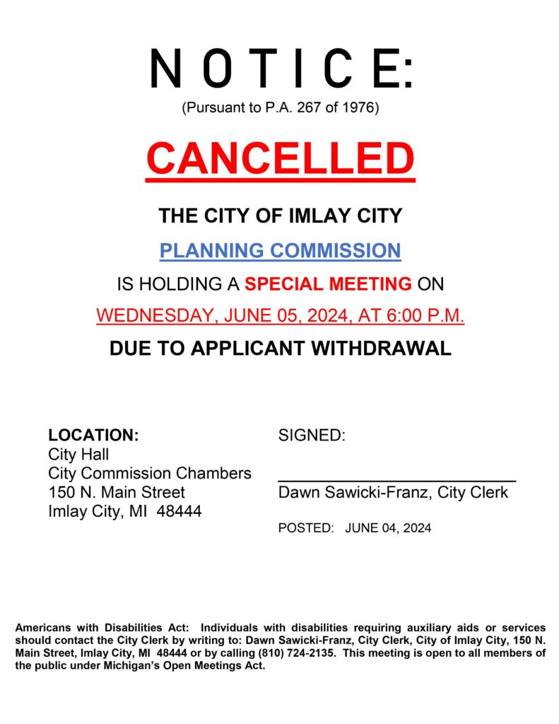 Notice: Cancelled Imlay City Planning Commission Meeting Details.
