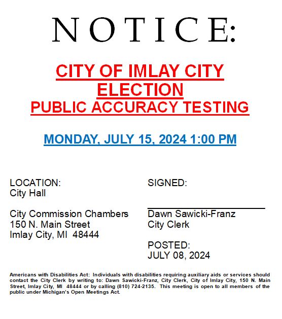 Notice for Imlay City Election Accuracy Testing event.