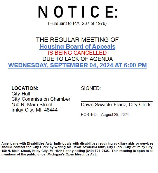 Notice of cancelled Housing Board meeting on September 4, 2024.