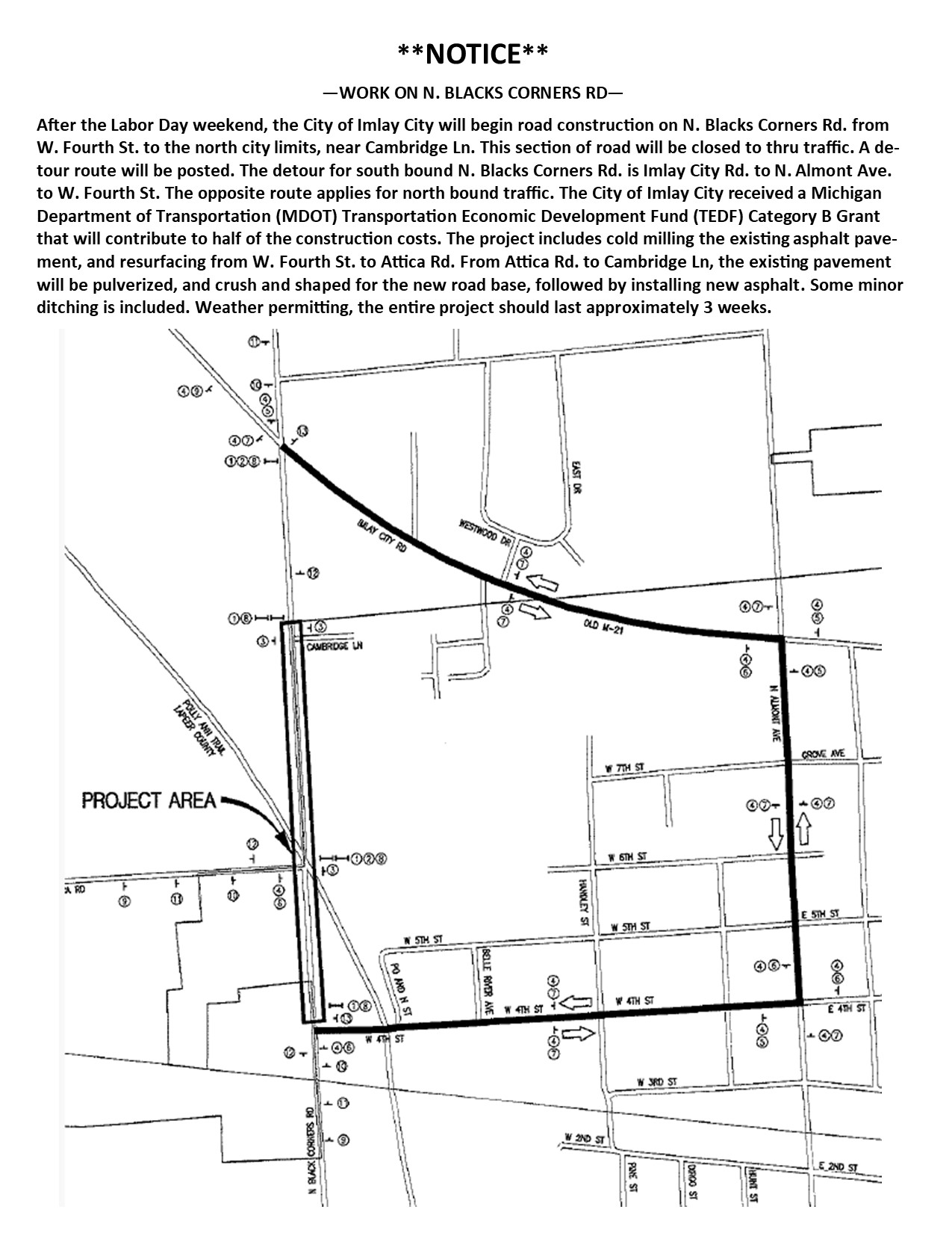 Map detailing road construction on N. Blacks Corners Rd.