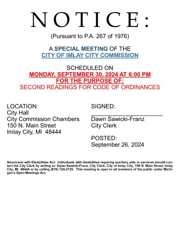 Notice of special Imaly City Commission meeting, September 30, 2024