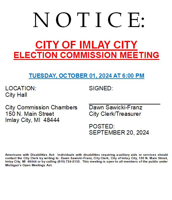 Notice of Imlay City Election Commission meeting.