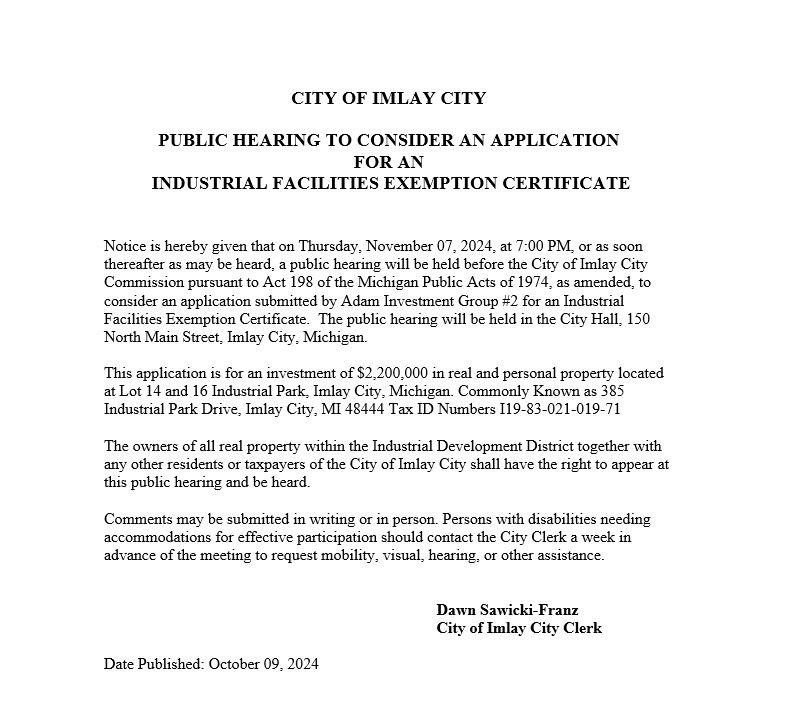 Notice of public hearing for industrial facilities exemption.