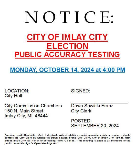 Imlay City election accuracy testing notice for October 14, 2024.