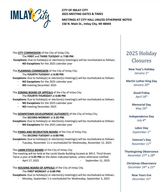 Imlay City 2025 meeting schedule and holiday closures document.