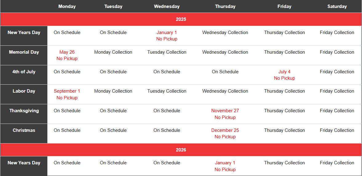 2025 holiday trash collection schedule with pickup changes